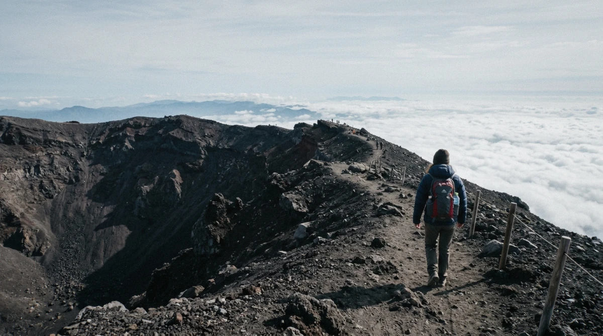 Climbers walking the volcanic crater rim at the summit on a Mount Fuji climbing tour with a sea of clouds below in Japan