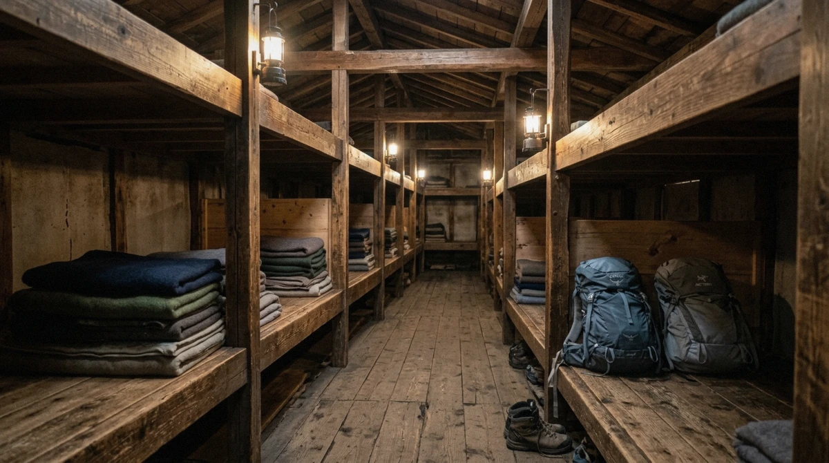 A row of bunks inside an 8th-station mountain hut used on a Mount Fuji climbing tour in Japan
