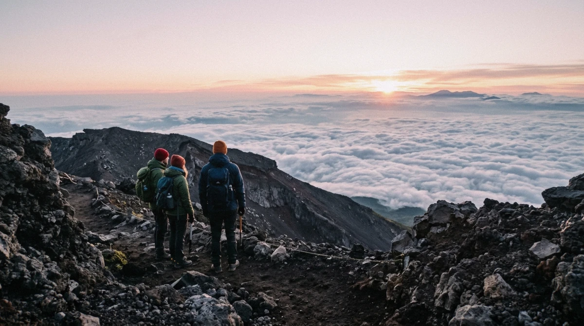Climbers watching the goraiko sunrise from the crater rim on a Mount Fuji climbing tour above a sea of clouds in Japan