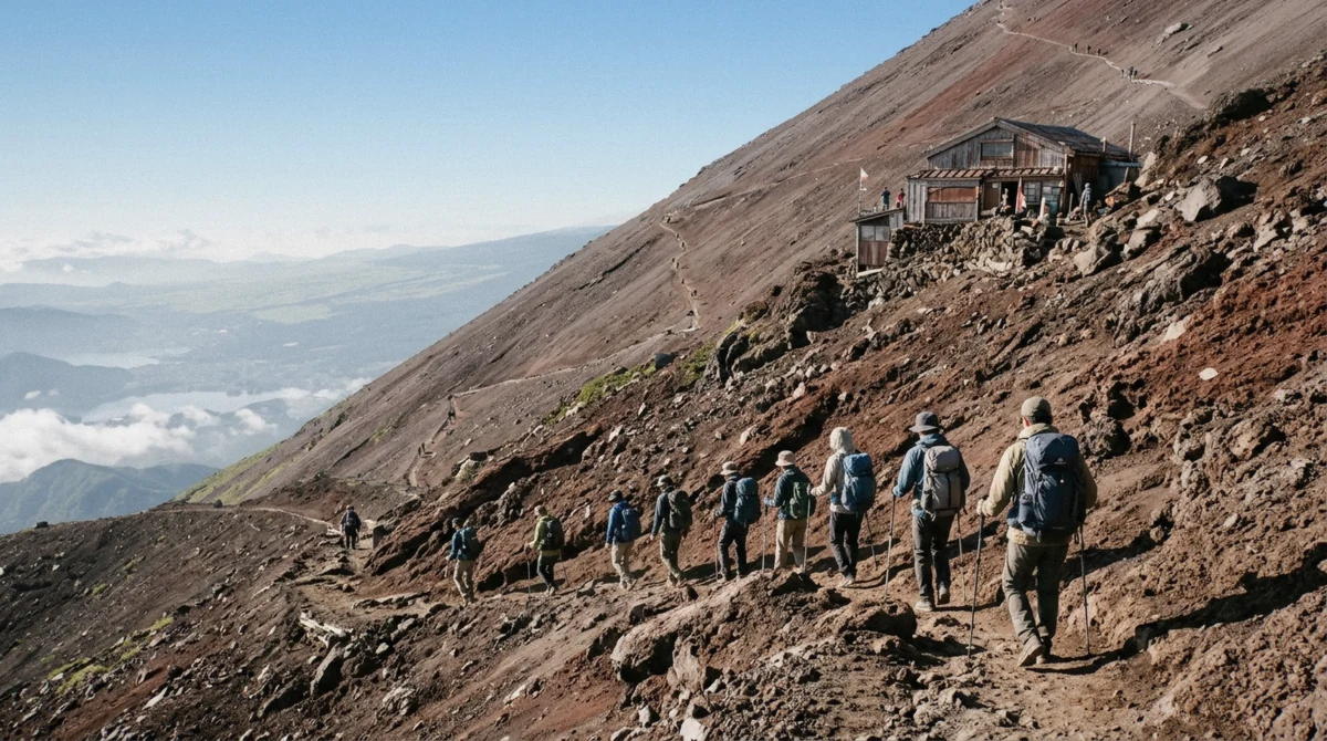 Hikers on the rocky switchbacks of the Yoshida trail on a Mount Fuji climbing tour toward the summit in Japan